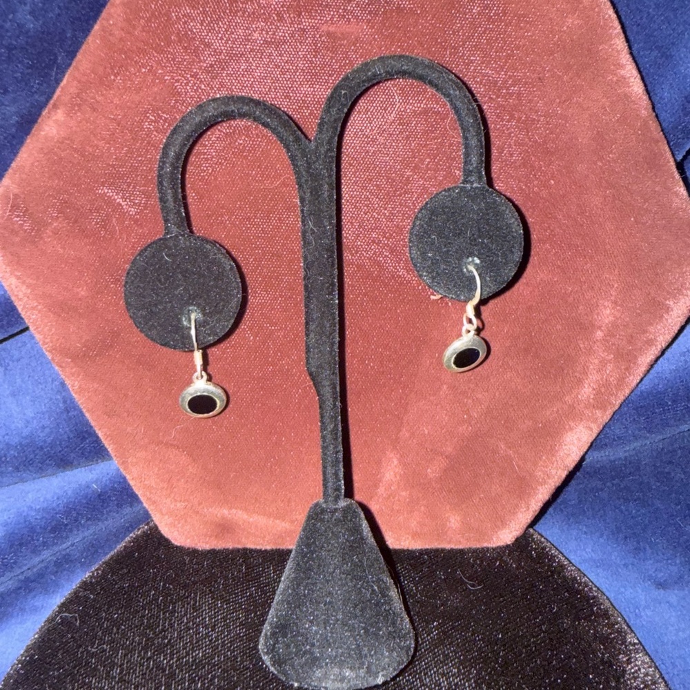Vintage Sterling Silver Circular Onyx Dangle Earrings
